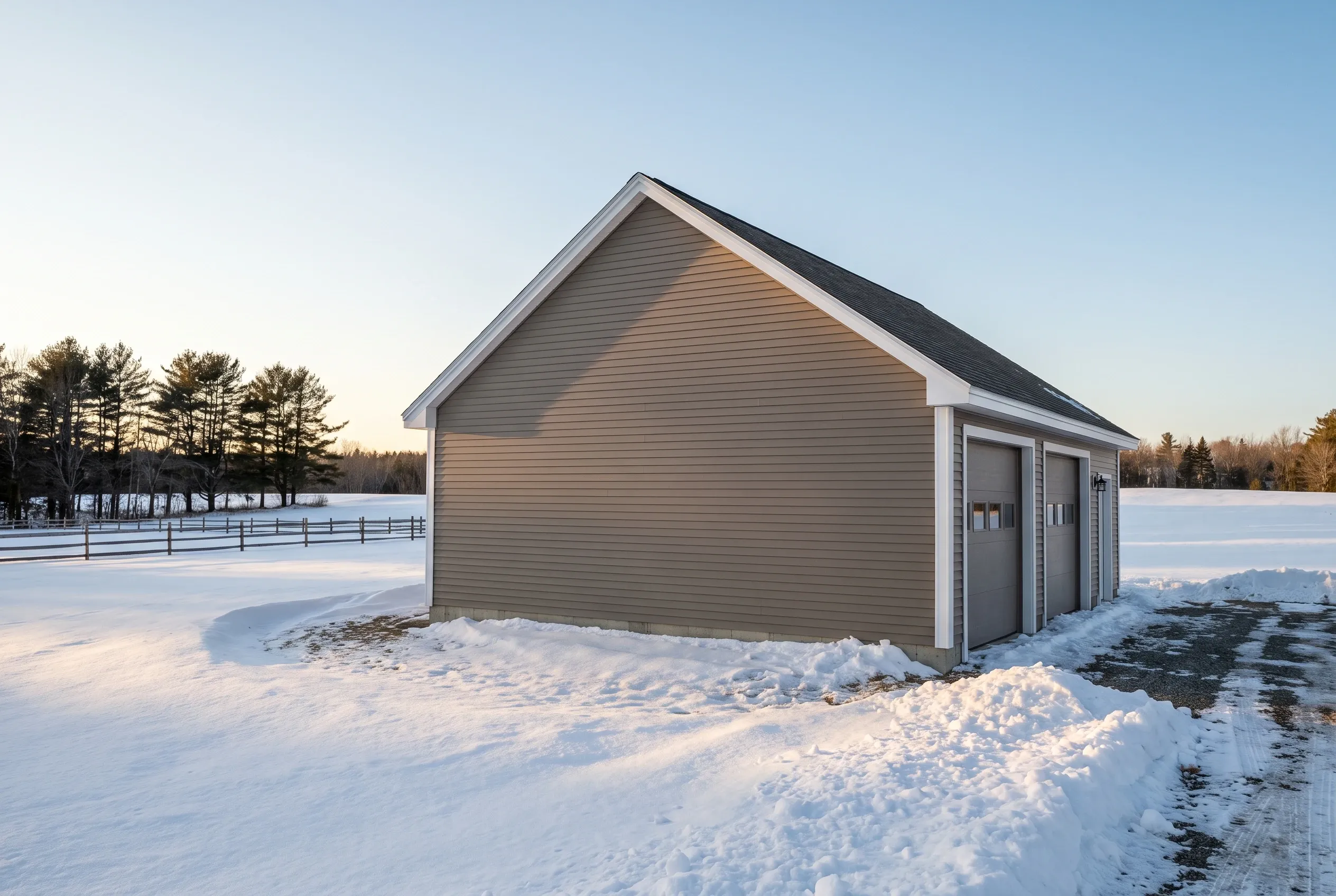 Two-bay garage in Windsor, Maine: Tan vinyl-sided garage with dark roof in snowy rural setting with white fencing and evergreen trees in background.
