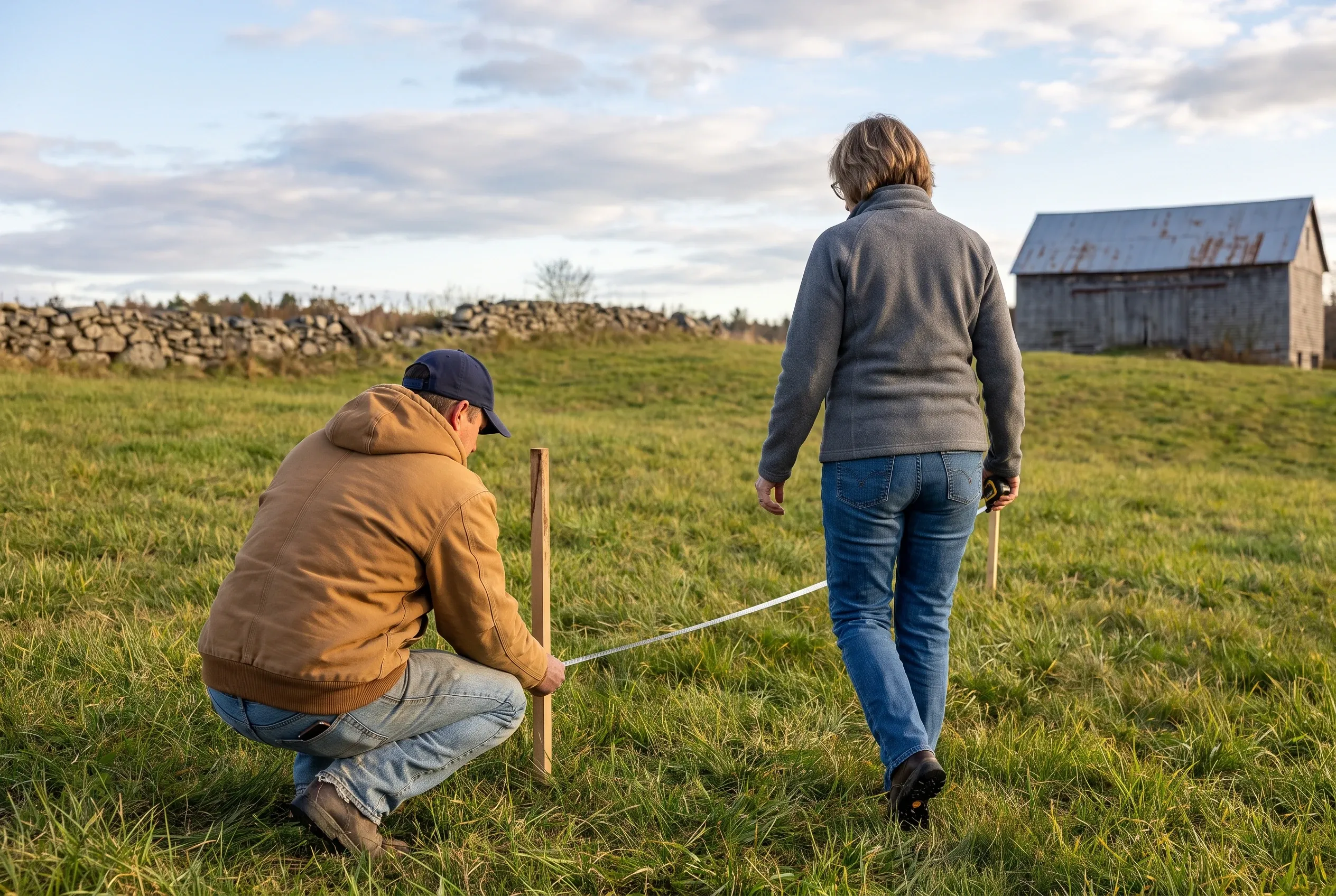 Detached garage in Windsor, Maine: Two people measuring land in a grassy field with a weathered wooden garage building in the background.