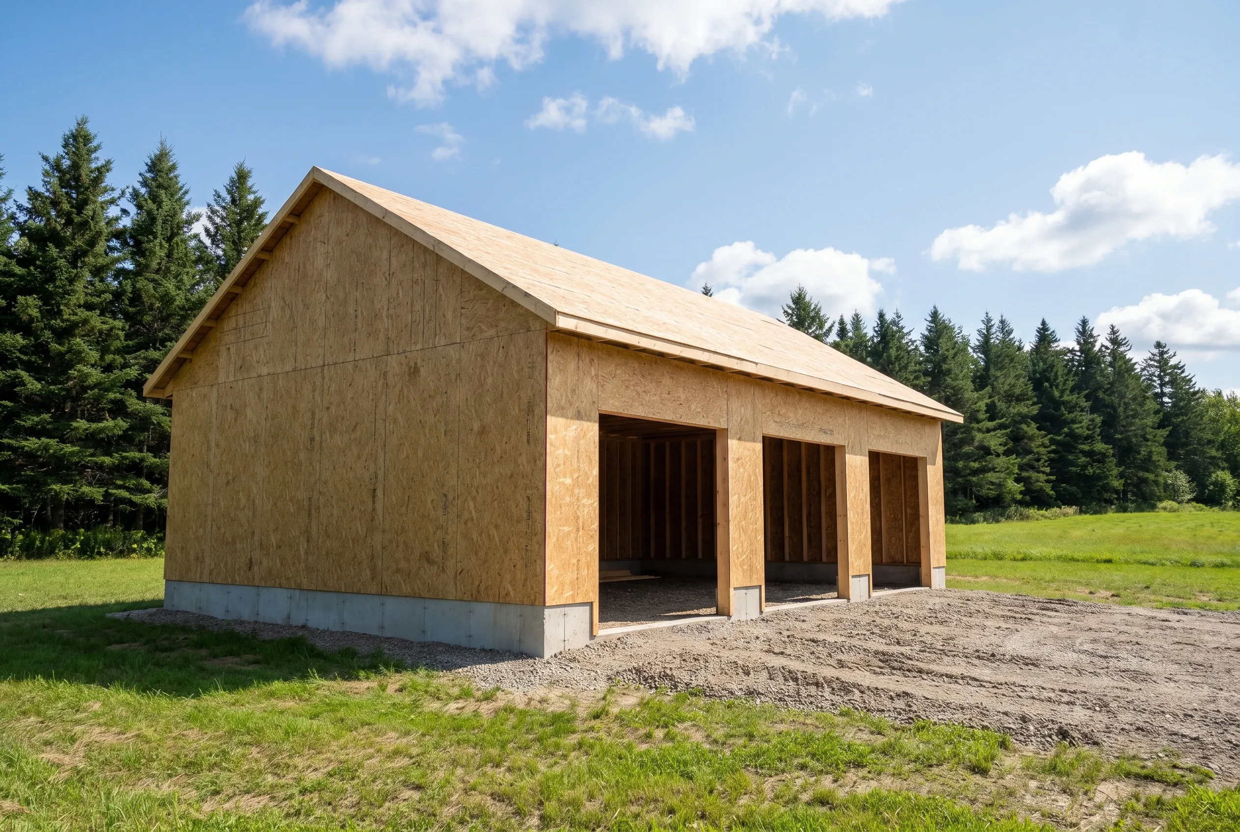 Three-bay garage in Windsor, Maine: New construction garage with OSB siding and asphalt shingle roof, concrete foundation, situated in rural setting with evergreen trees and grass field.