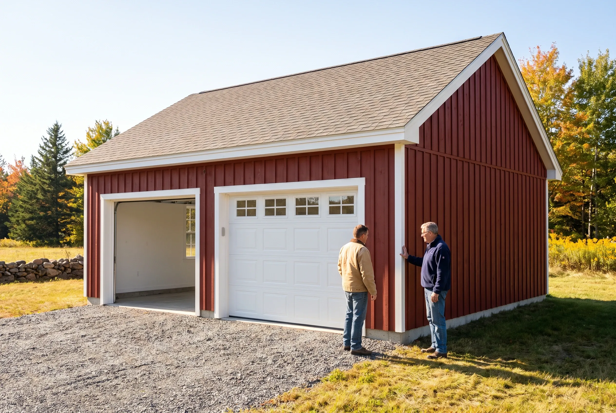 Two-bay garage in Windsor, Maine: Red and white two-bay garage with shingled roof. Two men stand in front examining the structure. Autumn foliage and forest visible in background.