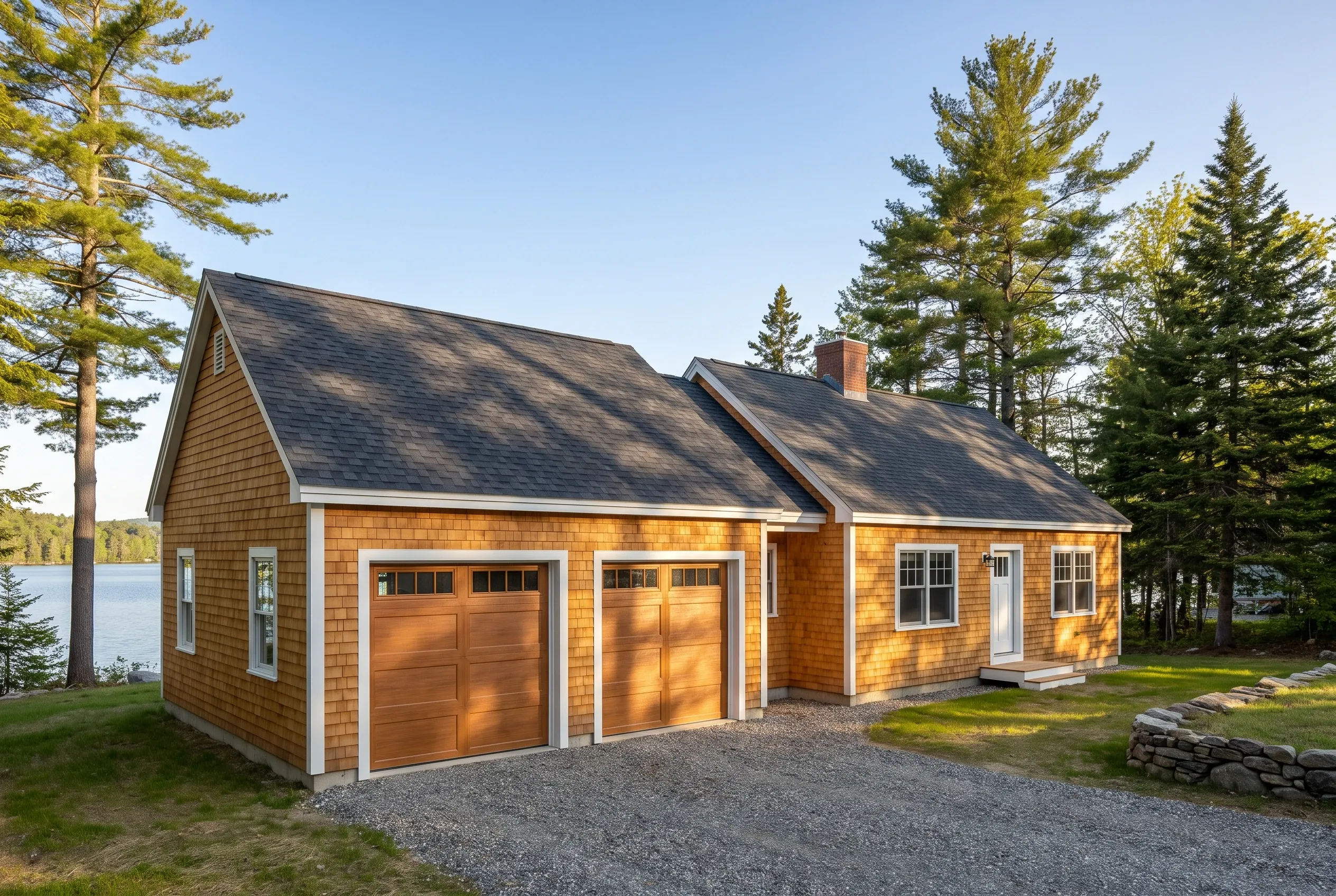 Detached two-bay garage in Winthrop, ME: Cedar shake sided garage with two wooden bay doors, white trim, dark roof, situated on gravel driveway beside wooded lakefront property with tall evergreen trees.