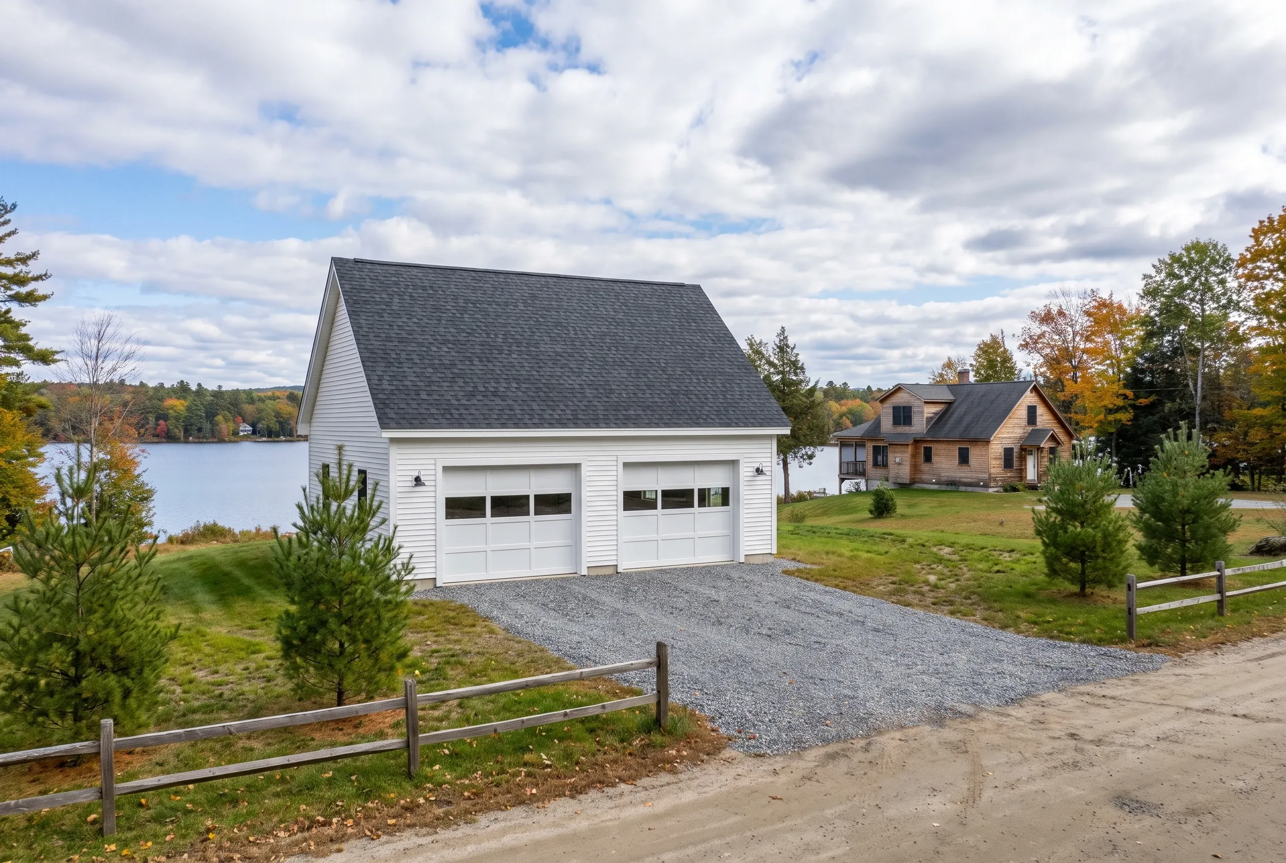 Two-bay detached garage in Winthrop, ME: White vinyl-sided garage with dark asphalt shingle roof on gravel driveway, set on lakeside property with wooden fencing, evergreen shrubs, and residential home visible in background.