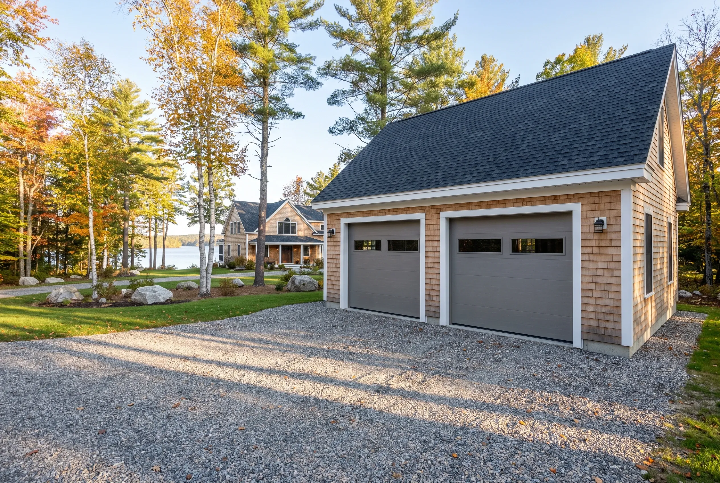Garage builders in Winthrop, ME: Two-bay garage with cedar shake siding, white trim, dark roof, gravel driveway, surrounded by autumn trees and waterfront home.