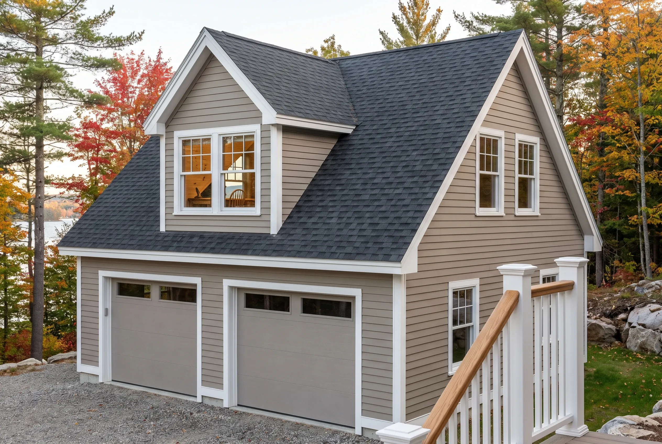 Two-bay garage with upper level in Winthrop, Maine: Gray horizontal siding with white trim, dark roof, two garage doors, upper dormer windows, wooden railing, surrounded by autumn trees.