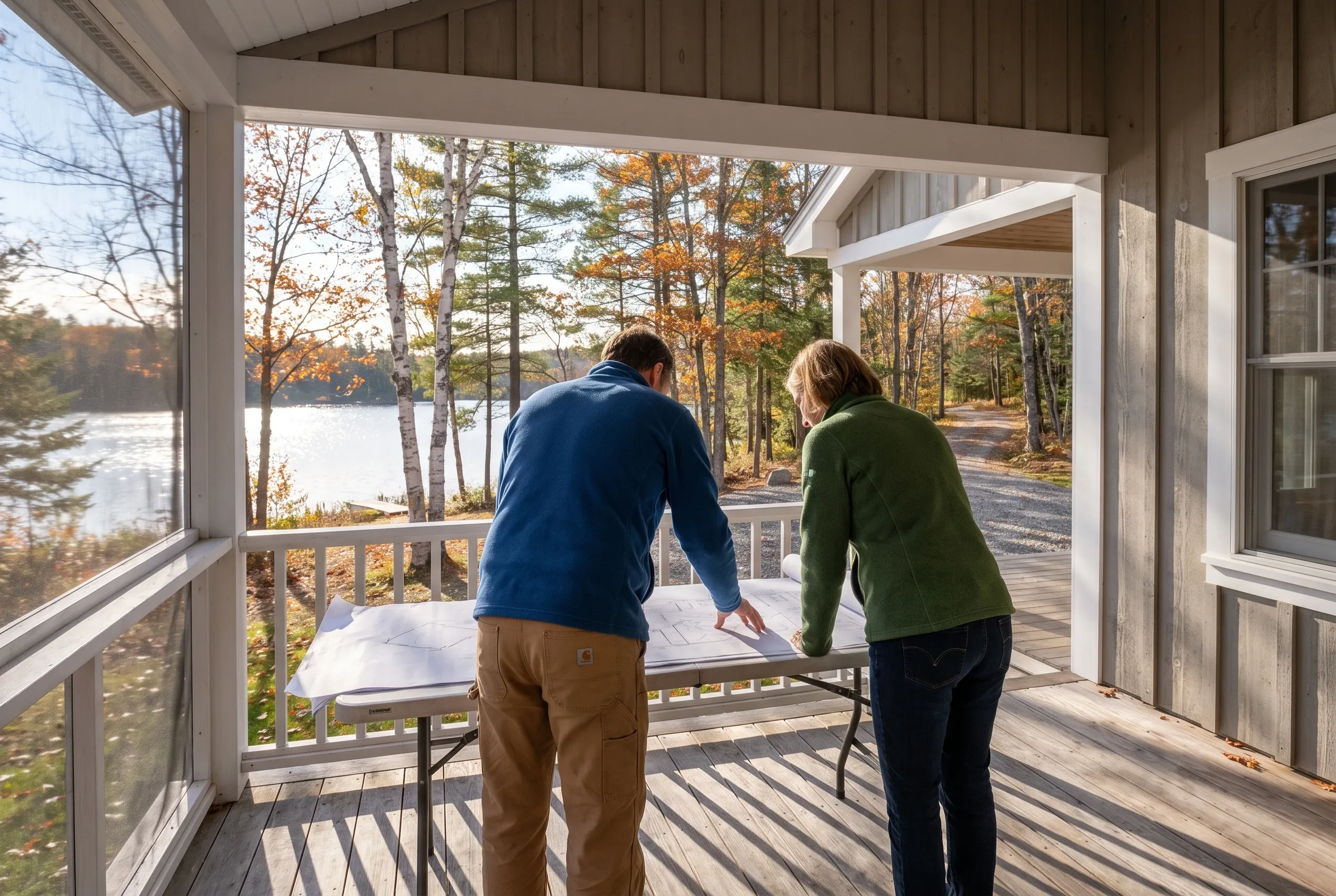 Screened porch with lake view in Winthrop, ME: Two people playing ping pong on a screened porch overlooking a lake with autumn foliage and evergreen trees.