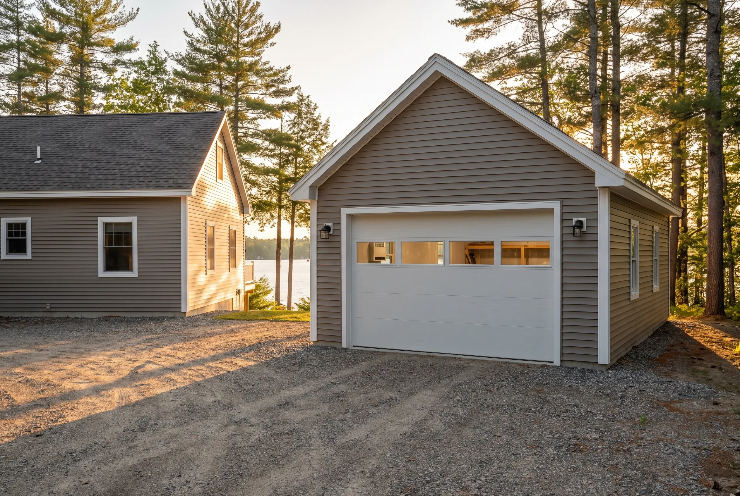 Detached two-bay garage in Winthrop, Maine: Gray vinyl-sided garage with white trim and gray roof situated on gravel driveway surrounded by pine trees, with residential home visible to the left.