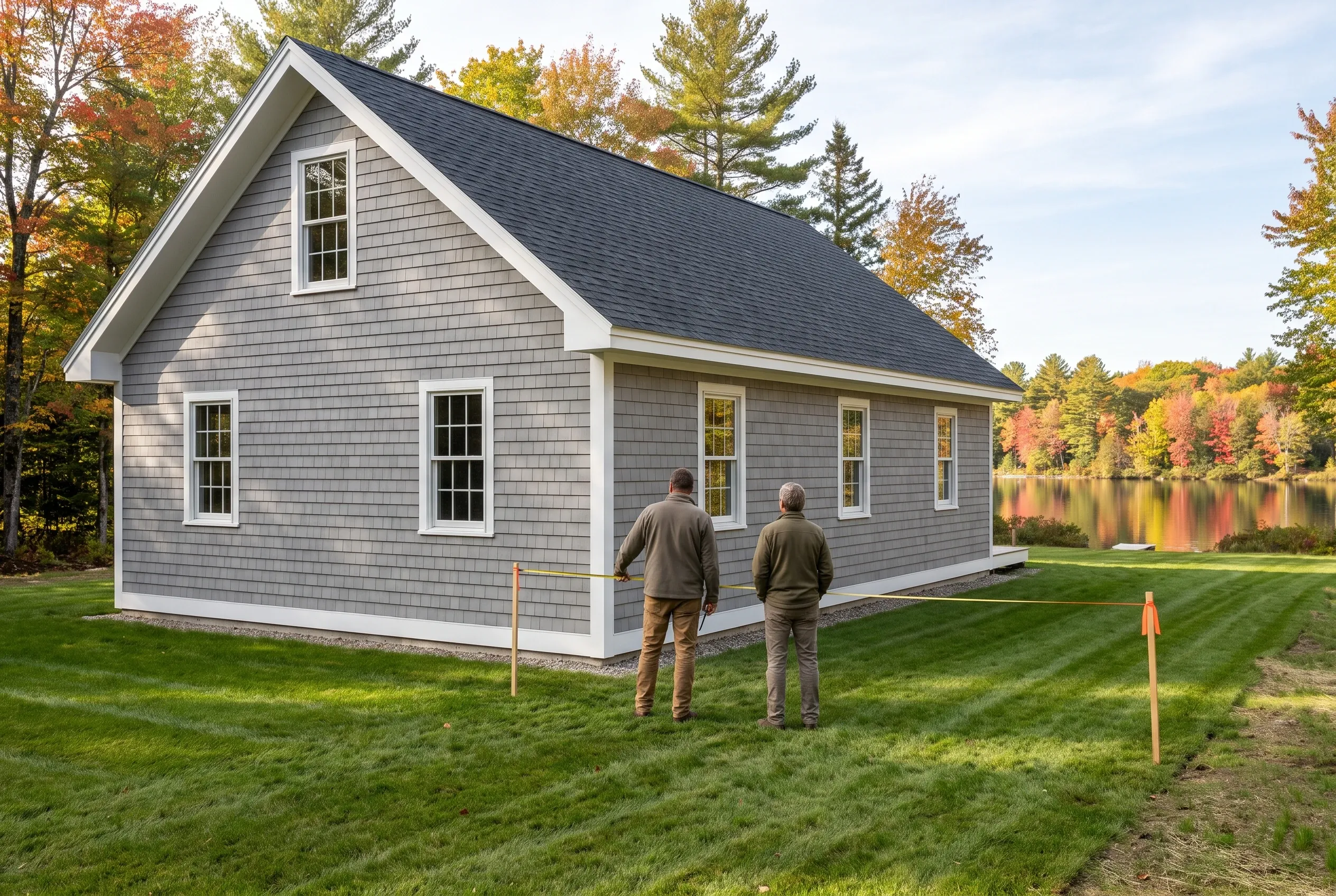 Residential cottage in Winthrop, ME: Gray shingle-sided cottage with dark roof and white trim near lake. Two men viewing the exterior. Fall foliage and water visible behind.