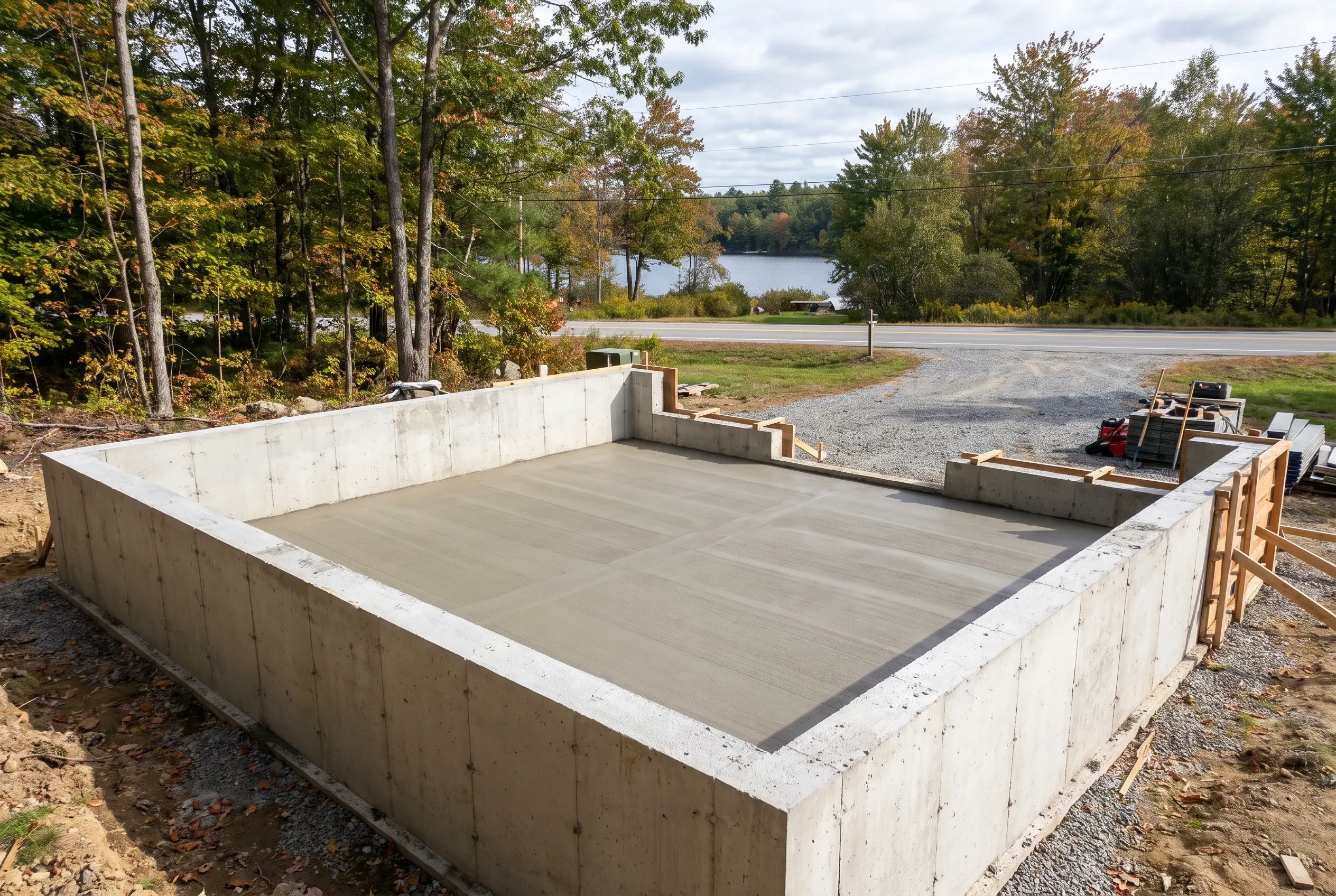 Concrete foundation with garage floor in Winthrop, Maine: A freshly poured concrete foundation and floor slab for a garage structure under construction, set on a gravel lot near a wooded shoreline with a lake visible in the background.