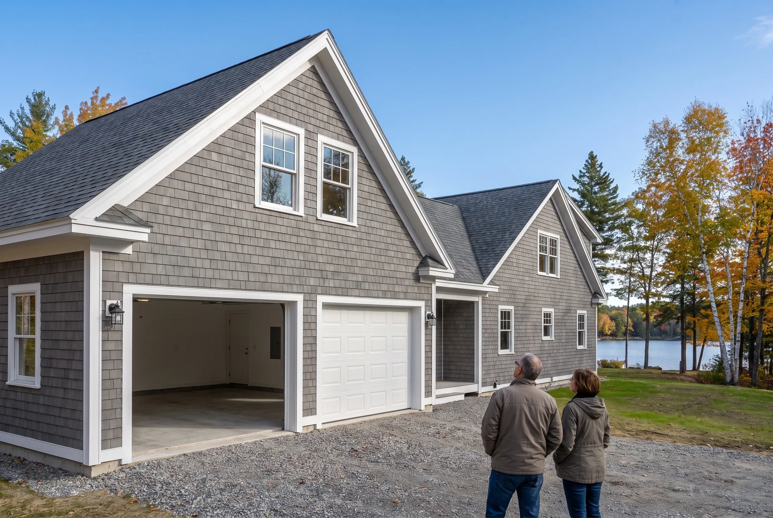 Two-bay garage in Winthrop, ME: Gray shingle-sided two-bay garage with white trim and dark roof. Two people stand viewing the building. Lakefront setting with autumn trees.