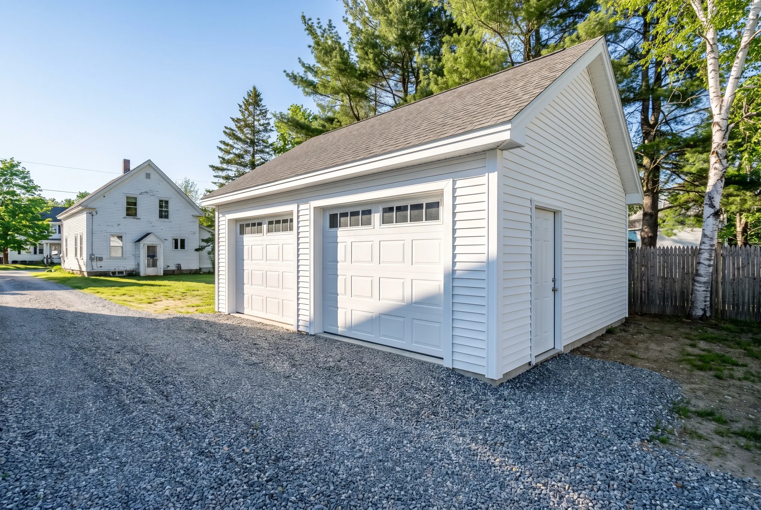 Two-bay detached garage in Winthrop, ME: White vinyl-sided garage with two white garage doors on gravel driveway, surrounded by evergreen and birch trees with residential house visible in background.