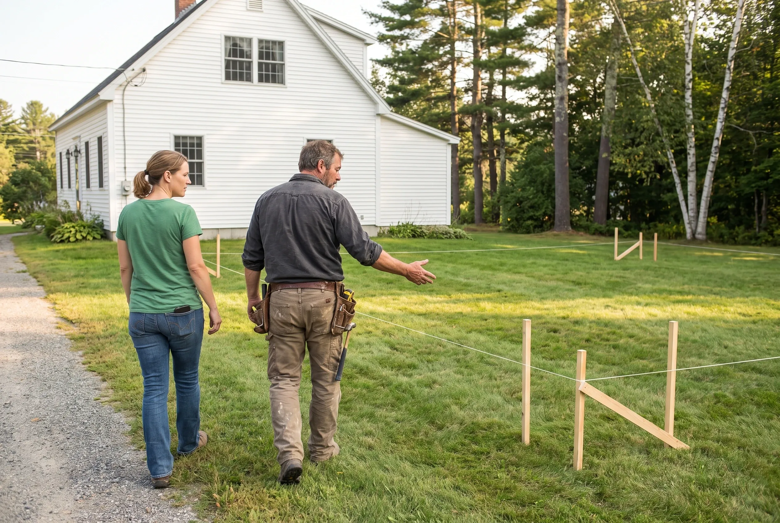 Tom Linkens walking a homeowner past the stakes and string lines of a new garage footprint beside a white farmhouse in Augusta, Maine