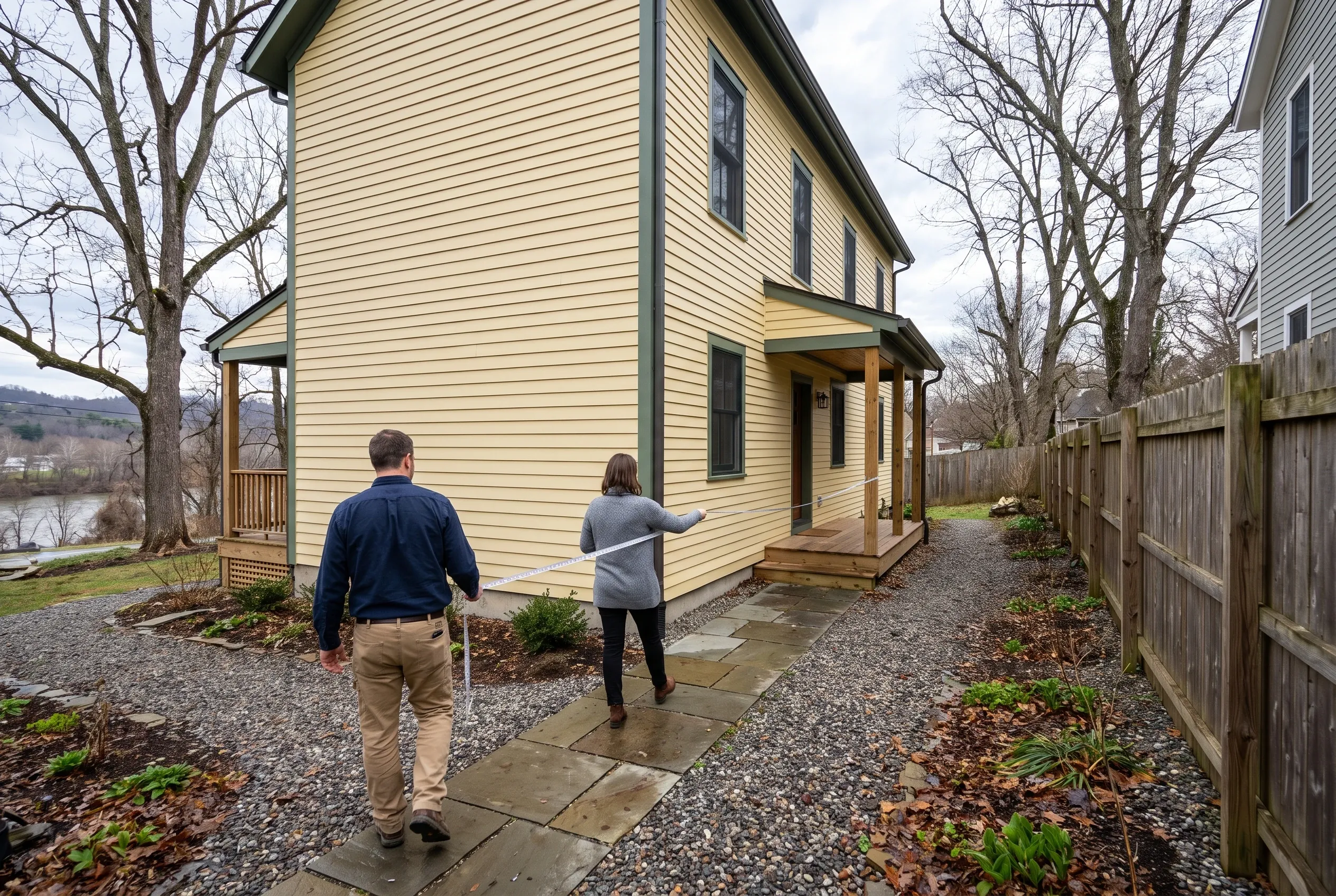 Detached two-story house in Augusta, Maine: Two people walking on a stone pathway approaching a cream-colored horizontal siding house with a front porch, bare trees, wooden fence, and water visible in the background.