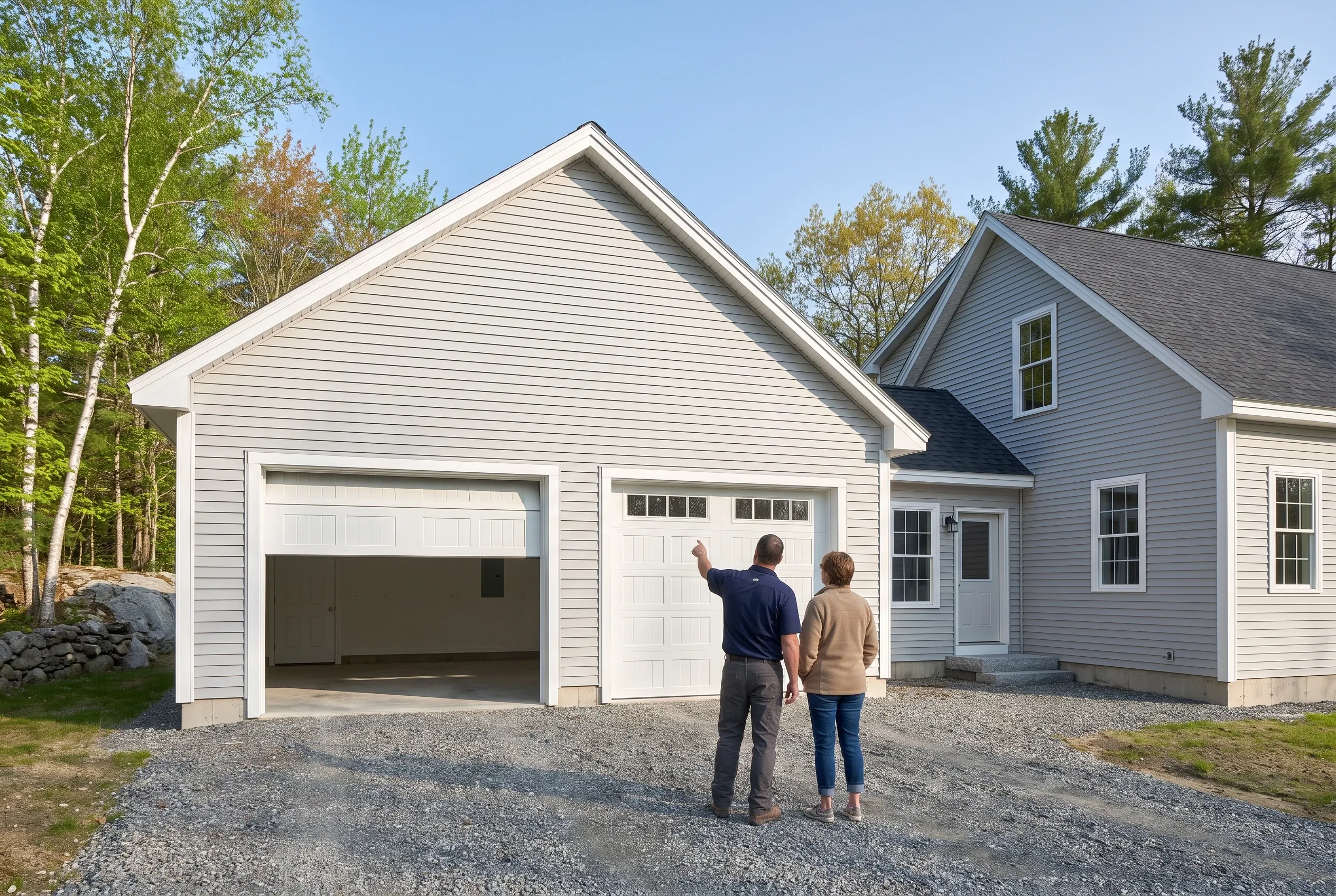 Two-bay detached garage in Augusta, ME: A couple stands in a gravel driveway facing a white two-bay garage with open left door, attached to a white house with gray roof, surrounded by evergreen and birch trees.