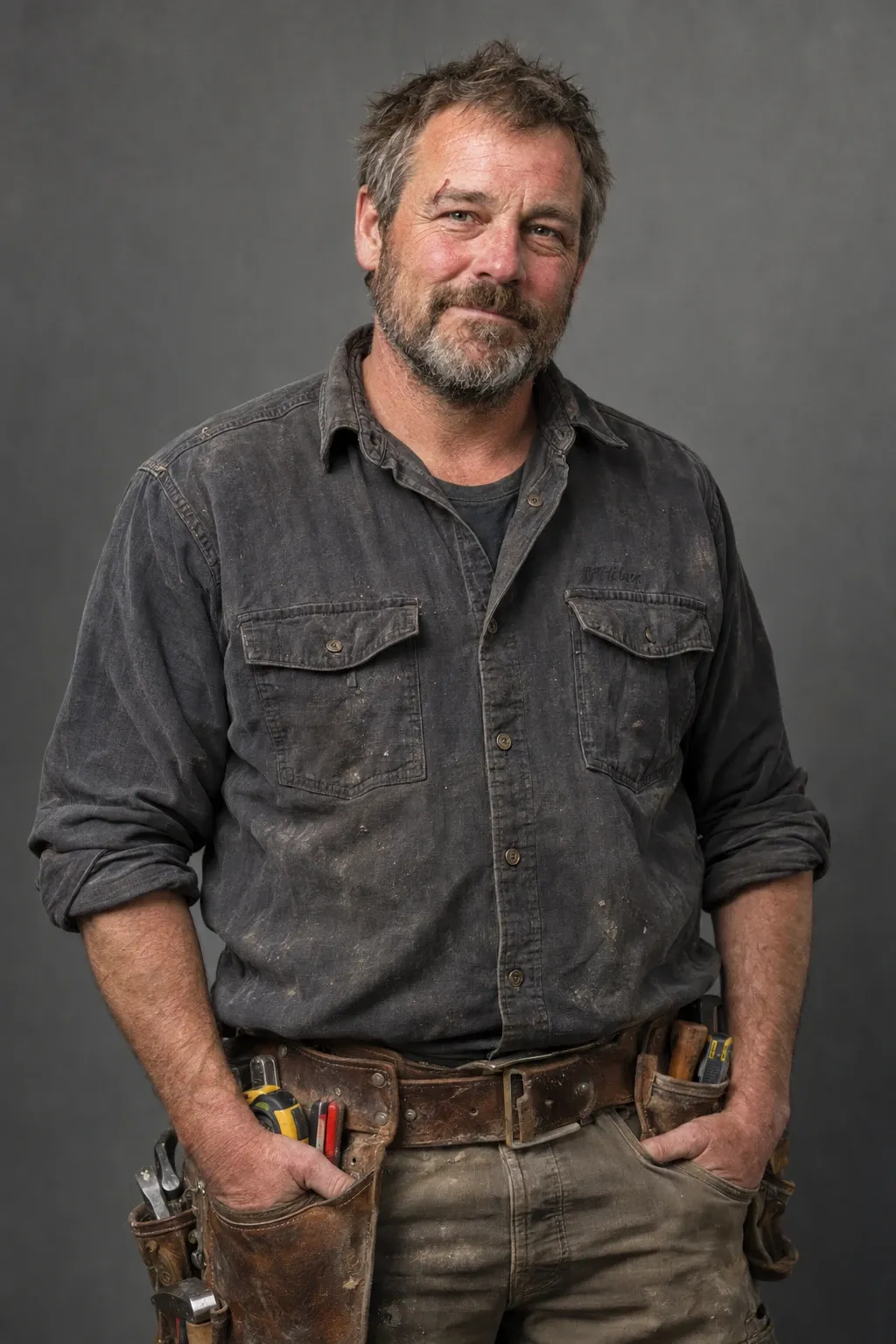 Tom Linkens, owner of Garage Builders Augusta, in a work shirt and leather tool belt